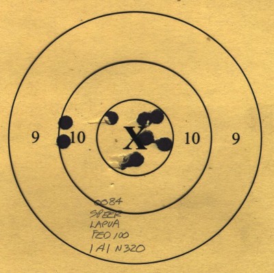 Pardini HP with Wilson Custom fast twist barrel. Fired at 50 yards. Ten shots.