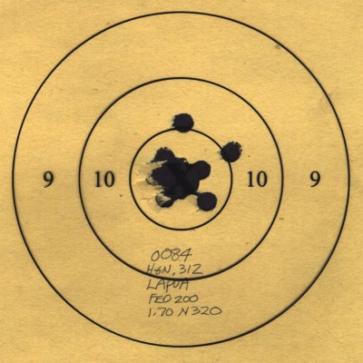 Pardini HP with Wilson Custom fast twist  barrel. Fired at 50 yards. Ten shots.